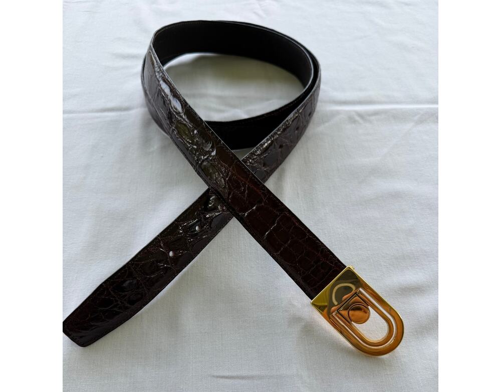 Vintage Genuine Crocodile Skin Belt Made in Italy 44/110 Brown / Gold Buckle